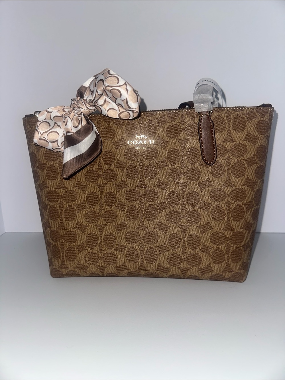 Coach Tan Signature Tote with Scarf Accent